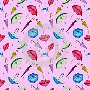 Aquarelle pattern with umbrellas and rain