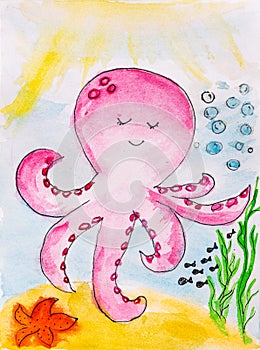 Aquarelle watercolor painting of cute octopus in a deep sea with sun rays in water painting on canvas