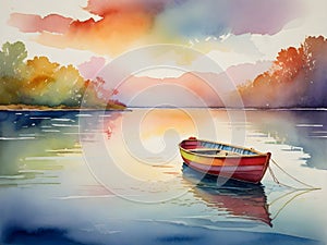 An aquarelle wooden boat floating on the waters of a fog-covered lake early morning. Ideal for nature, serenity, and fishing