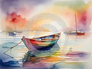 An aquarelle wooden boat floating on the waters of a fog-covered lake early morning. Ideal for nature, serenity, and fishing