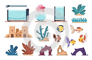 Aquarium elements. Cartoon water glass tank for fish and underwater plants, stones and seaweeds. Decoration aquaria kit