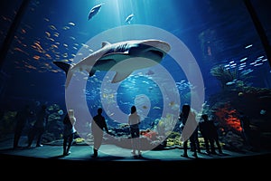 Aquarium enchantment, observers admire fish silhouettes, notably the Whale Shark