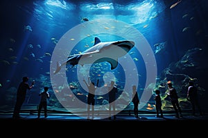 Aquarium enchantment, observers admire fish silhouettes, notably the Whale Shark