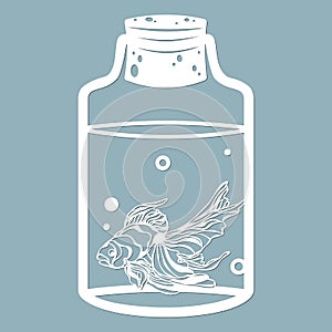 Aquarium fish and bubbles in a glass jar. Laser cut. Vector illustration. Pattern for the laser cut, serigraphy, plotter and