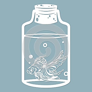 Aquarium fish and bubbles in a glass jar. Laser cut. Vector illustration. Pattern for the laser cut, serigraphy, plotter and photo