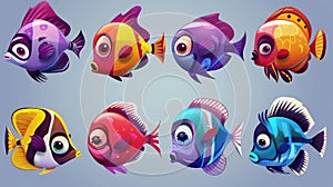 Aquarium fish character. Tropical sea animal, coral butterflyfish in different emotions, including happiness, anger