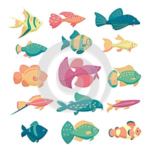 Aquarium fish collection isolated on white background. Cute cartoon vector illustration set.