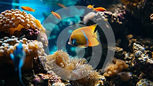 Aquarium fish with coral and aquatic animals, hyper detail. Generative Ai