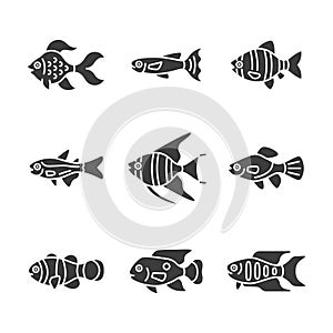 Aquarium fish glyph icon set. Tropical fish vector sign. Aquarium husbandry symbol