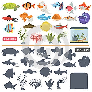 Aquarium flora and fauna color flat and simple icons set