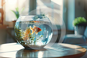 Aquarium with goldfish on the table in the sunny room. Generative AI