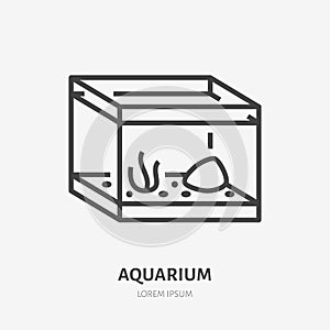 Aquarium line icon, vector pictogram of fish glass square tank. Fishbowl illustration, sign for pet shop