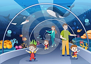 Aquarium Template Hand Drawn Cartoon Flat Illustration with Family and Kids Looking at Underwater Fish, Sea Animals Variety,