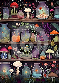 Aquariums with mushrooms and plants. Illustration for your design photo