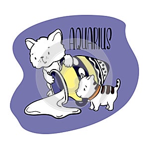 Aquarius Astrological Zodiac sign with cute cat character. Cat zodiac icon. Baby shower or birthday greeting card