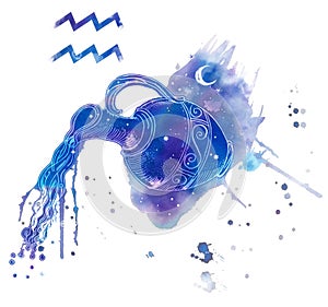 Aquarius symbol. Pouring water antique jar on sky blue watercolor splash texture. Astrology, fortune telling, horoscope