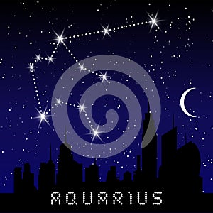 Aquarius zodiac constellations sign on beautiful starry sky with galaxy and space behind. Aquarium horoscope symbol constellation