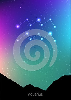 Aquarius zodiac constellations sign with forest landscape silhouette on beautiful starry sky with galaxy and space