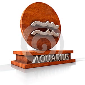 Aquarius zodiac sign. 3D illustration of the zodiac sign Aquarius made of stone on a wooden stand with the name of the sign at the