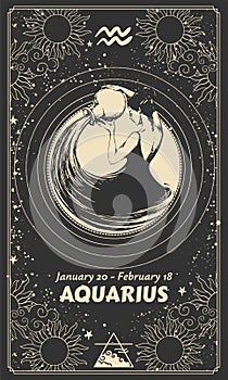 Aquarius zodiac sign, vintage black background with female character engraving, astrological symbols, date