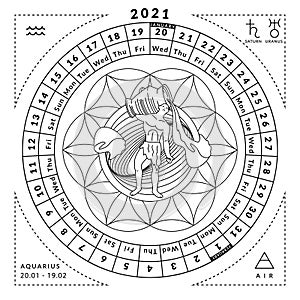 Aquarius zodiacal coloring book with caledar of year 2021