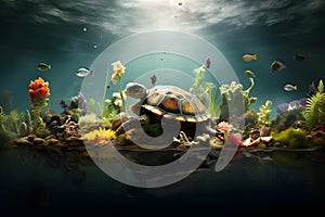 Aquatic animals, turtle and fish in clear water. International Biodiversity Day.