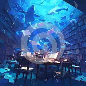 Aquatic Atmosphere: Underwater Library Scene
