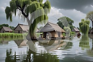 Aquatic Challenge: Village Submerged in Floodwaters - Thatched Roof Cottages Half-Covered, Villagers Navigating in Makeshift Boats photo
