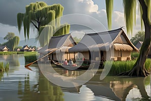 Aquatic Challenge: Village Submerged in Floodwaters - Thatched Roof Cottages Half-Covered, Villagers Navigating in Makeshift Boats