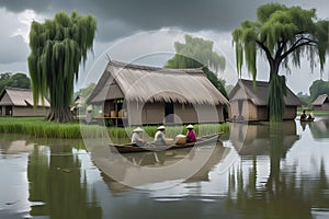 Aquatic Challenge: Village Submerged in Floodwaters - Thatched Roof Cottages Half-Covered, Villagers Navigating in Makeshift Boats