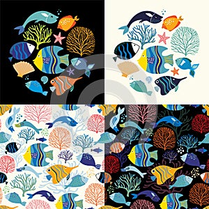 Aquatic collection with seamless patterns and round compositions