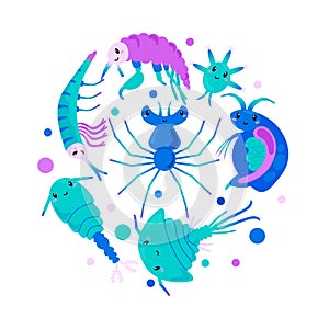 Aquatic crustaceans and zooplankton decorative banner flat vector isolated.