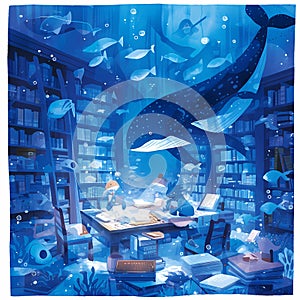 Aquatic Enlightenment - A Whimsical Underwater Library Scene
