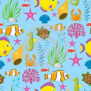 Aquatic funny sea animals underwater creatures cartoon characters shell aquarium sealife seamless pattern background