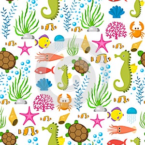 Aquatic funny sea animals underwater creatures cartoon characters shell aquarium sealife seamless pattern background
