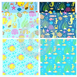 Aquatic funny sea animals underwater creatures cartoon characters shell aquarium sealife seamless pattern background