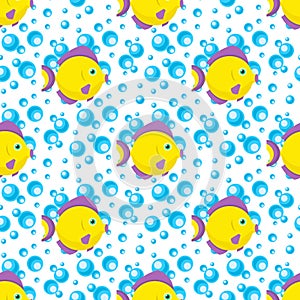 Aquatic funny sea fish yellow animals underwater creatures cartoon characters shell aquarium sealife seamless pattern
