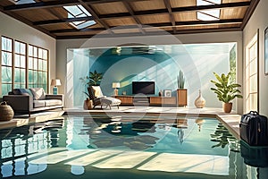 Aquatic Intrusion: Indoor Scene Submerged in Crystal-Clear Floodwaters - Furniture and Personal Belongings Floating Amidst the