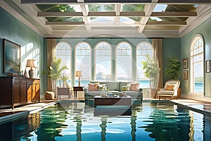 Aquatic Intrusion: Indoor Scene Submerged in Crystal-Clear Floodwaters - Furniture and Personal Belongings Floating Amidst the