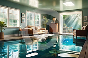 Aquatic Intrusion: Indoor Scene Submerged in Crystal-Clear Floodwaters - Furniture and Personal Belongings Floating Amidst the