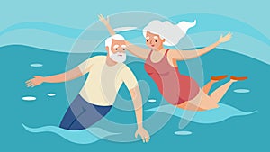 In an aquatic movement class an elderly couple floats and moves together in the warm water enjoying the weightless photo