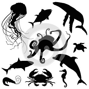 aquatic ocean life silhouette set