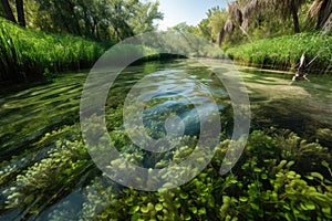 aquatic plants and seagrasses swirling in current of river