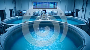 Aquatic research facility interior displaying multiple hydrodynamic circular tanks photo