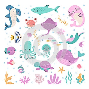 Aquatic sea life characters. Cartoon ocean animals, funny aquarium creature. Cute whale, shark octopus. Underwater