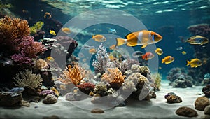 Aquatic world. Underwater world with fish, seaweed and sand in the aquarium