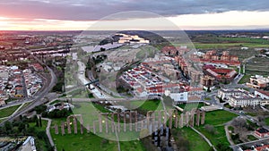 Aqueduct of the Miracles in Merida, aerial view, Spain.