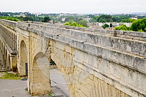 Aqueduct in Royale de Peyro Square Saint Clement building ancient arch in Montpellier