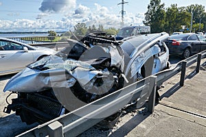 Ð¡ar body after frontal collision accident on a road