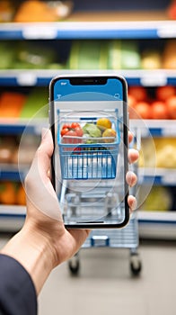 AR-enabled mobile shopping: hand captures veggies details at food market